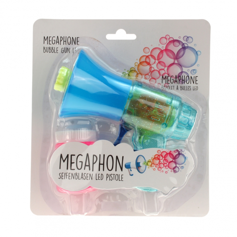 Seifenblasenflüssigkeit blau Seifenblasenpistole "Megaphon" mit LED-Licht inkl 